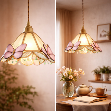 Forest Pink Butterfly Hand-Blown Glass Pendant Light